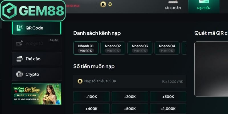 Nạp tiền Gem88 thao tác nhanh qua ba phương thức chính 